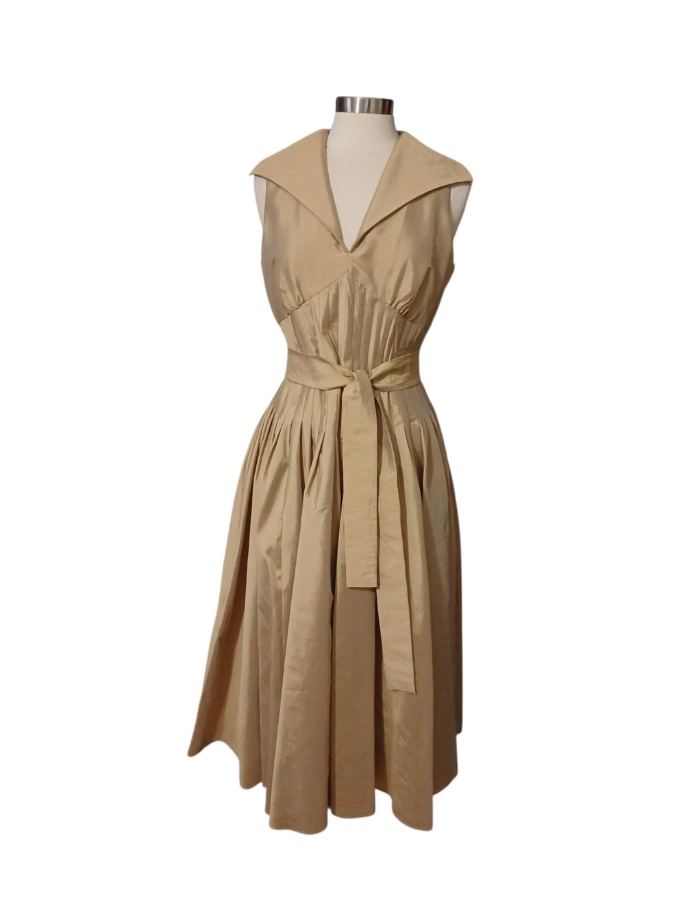 Adrianna Papell | Champagne Sleeveless Collared Fit-and-Flare Midi Dress Size 12